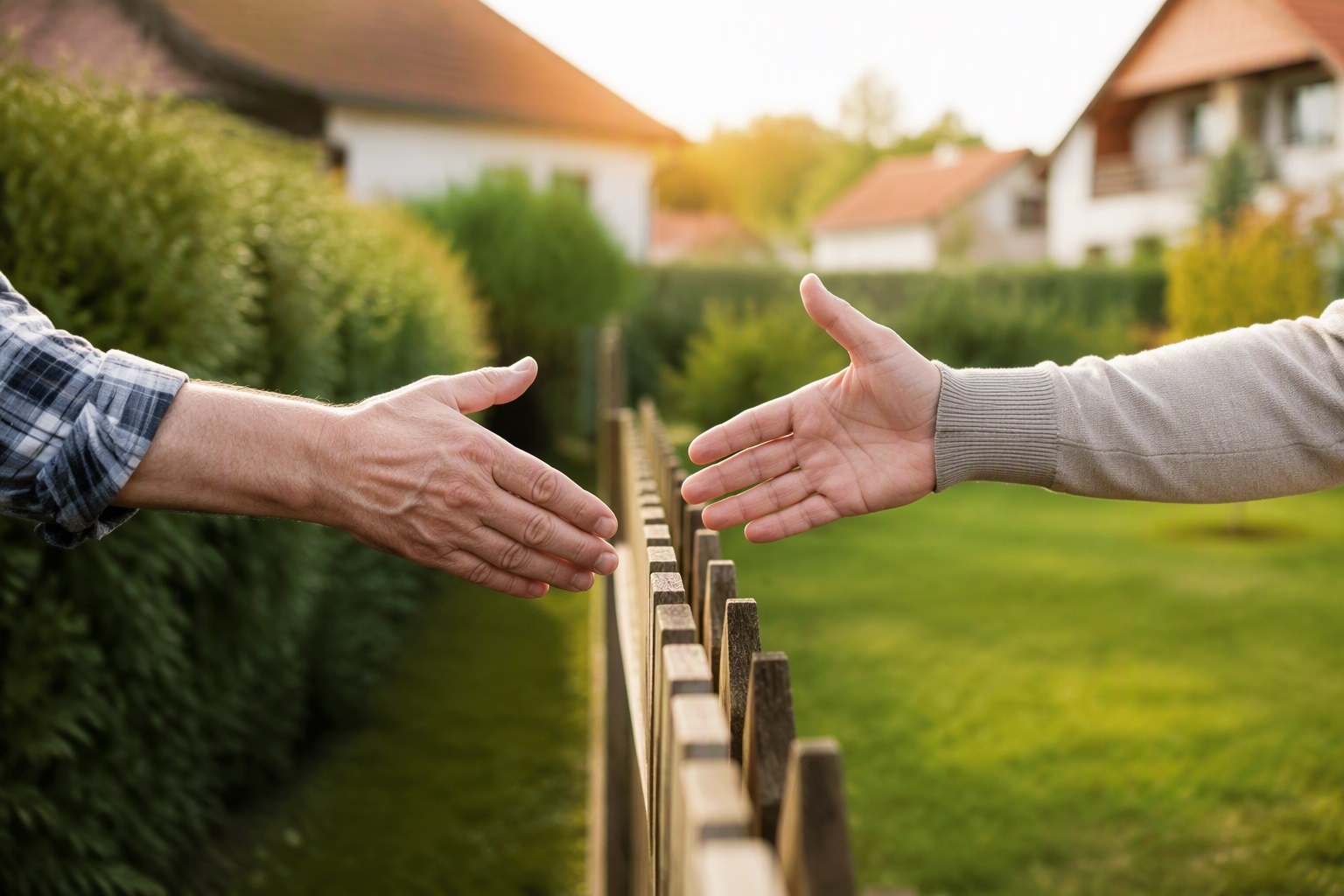 Symbolbild: Zwei Hände reichen sich über einen Gartenzaun zur Einigung die Hand.
