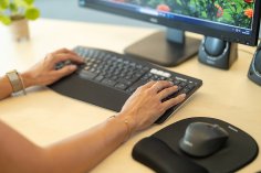 Jemand tippt auf einer Tastatur. Daneben liegt eine Maus auf einem Mauspad. Dahinter sind ein Bildschirm sowie Lautsprecher auf dem Schreibtisch zu erkennen. Am linken Bildrand steht eine Grünpflanze.