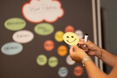jemand hält einen gelben runden Zettel in der Hand auf dem ein Smiley gemalt ist und im Hintergrund sieht man Zettel auf einer Flipchart